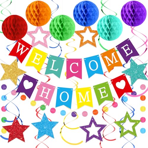 Arrowbash Welcome Home Decorations Set with Glitter Stars, Honeycomb Balls, and Garland for Homecoming Party