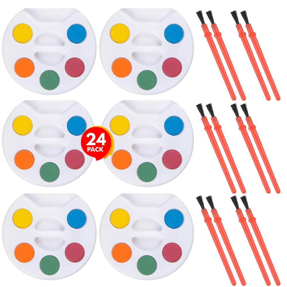 ArtCreativity 24 Pack Mini Watercolor Paint Sets with Brushes - Non-Toxic, 5 Colors Each - Party Favors for Kids