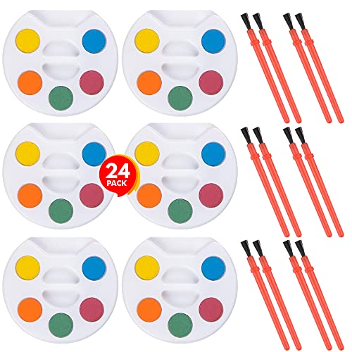 ArtCreativity 24 Pack Mini Watercolor Paint Sets with Brushes - Non-Toxic, 5 Colors Each - Party Favors for Kids