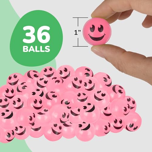 ArtCreativity 36-Pack Pink Glow-in-the-Dark Smile Face Bouncy Balls - 1-Inch High-Bounce Party Favors for Kids