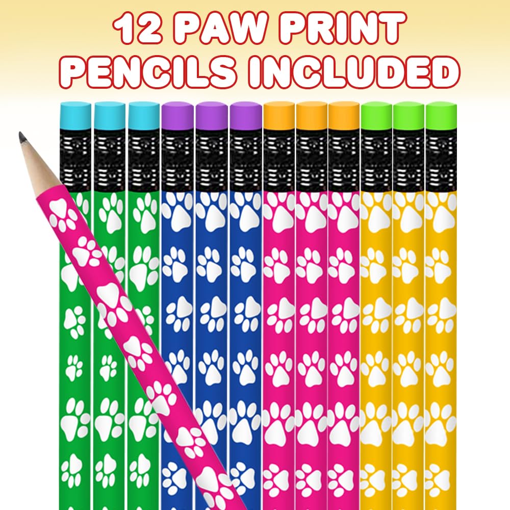 ArtCreativity Paw Print Pencils Set of 12 - Colorful Wooden Dog & Cat School Supplies with Erasers