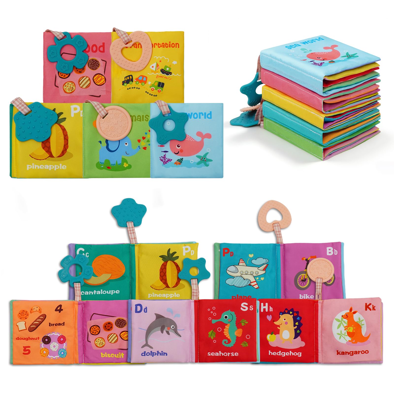 ArtCredit 5-Pack Soft Cloth Crinkle Books for Babies 0-12 Months - Sensory Toys with Teether, Washable & Non-Toxic
