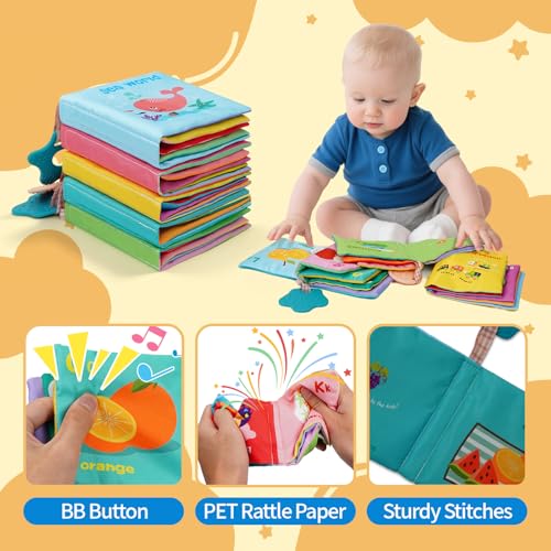 ArtCredit 5-Pack Soft Cloth Crinkle Books for Babies 0-12 Months - Sensory Toys with Teether, Washable & Non-Toxic