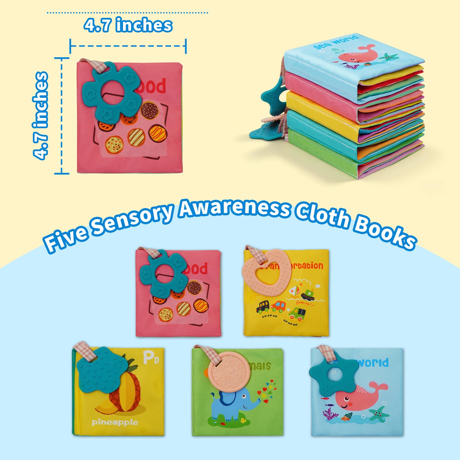 ArtCredit 5-Pack Soft Cloth Crinkle Books for Babies 0-12 Months - Sensory Toys with Teether, Washable & Non-Toxic