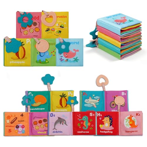 ArtCredit 5-Pack Soft Cloth Crinkle Books for Babies 0-12 Months - Sensory Toys with Teether, Washable & Non-Toxic