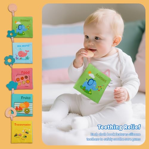 ArtCredit 5-Pack Soft Cloth Crinkle Books for Babies 0-12 Months - Sensory Toys with Teether, Washable & Non-Toxic