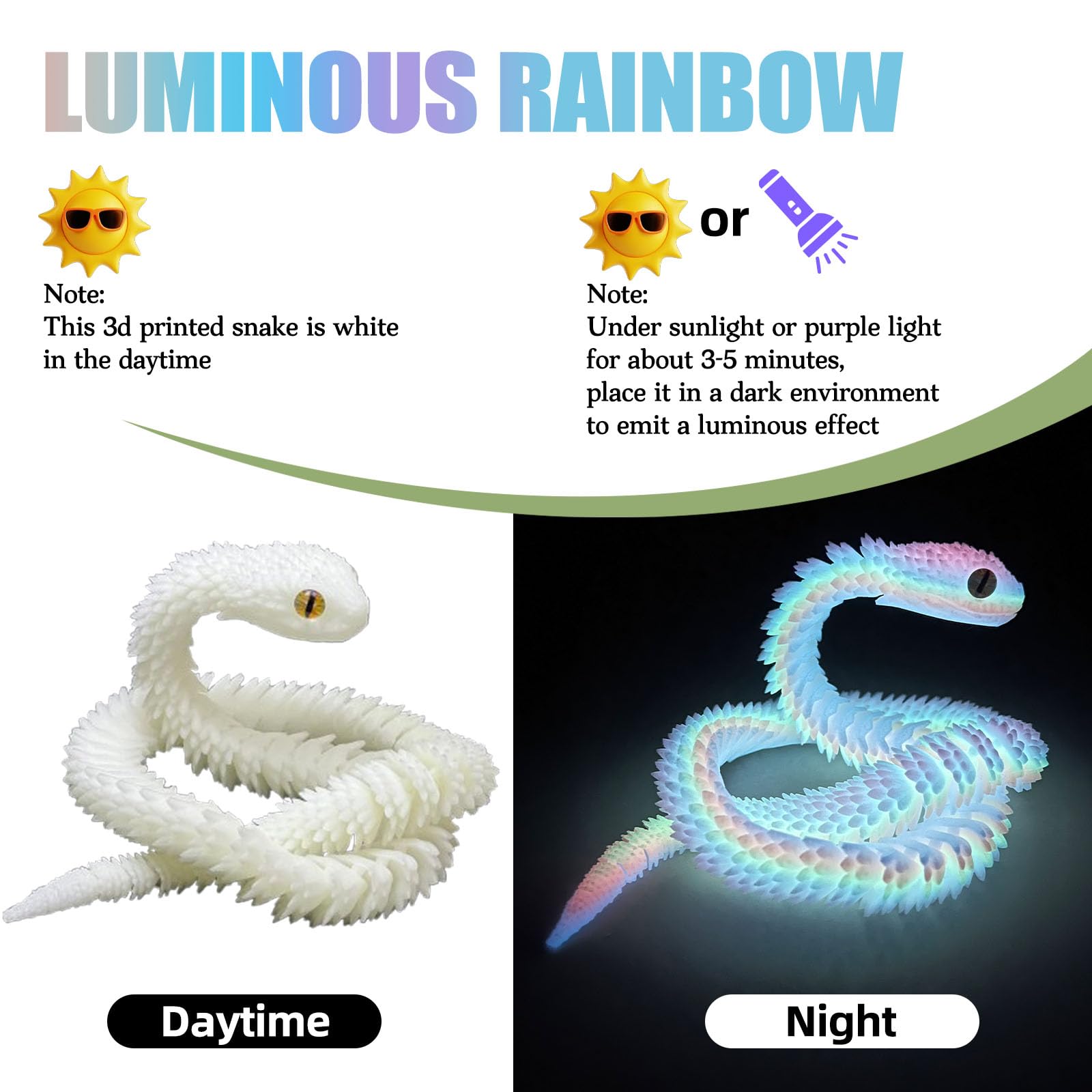 Articulated 3D Printed Snake Toy - 24 Inch Luminous Rainbow Fidget Toy by Binvin