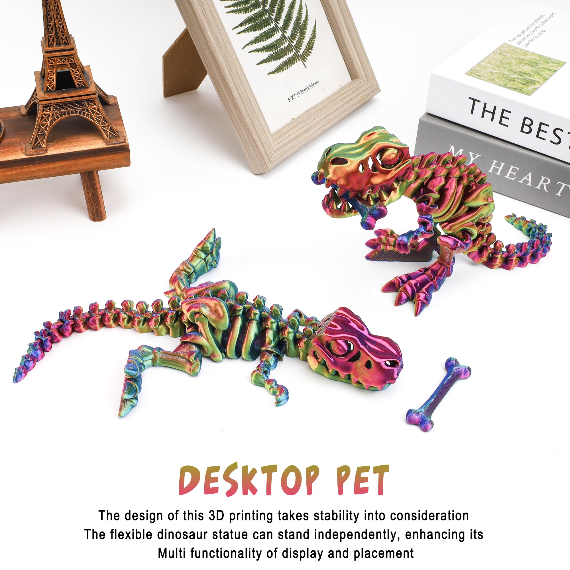 Articulated 3D Printed T-Rex Skeleton Fidget Toy – Poseable Dinosaur Decor for Stress Relief (Dazzling Multi-Color)