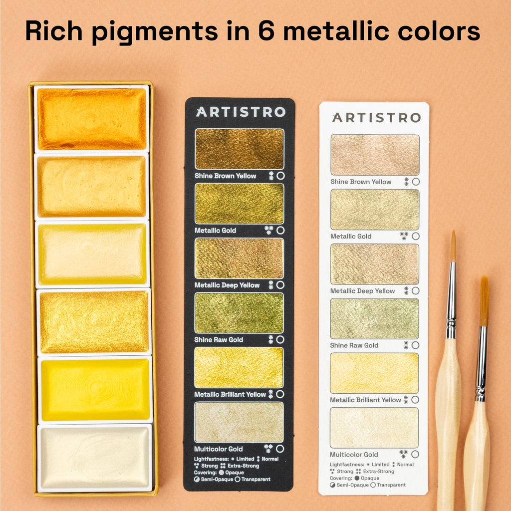 ARTISTRO Metallic Watercolor Paint Set - 6 Gold Colors, XL Pans, ASTM-I Lightfastness for Artists