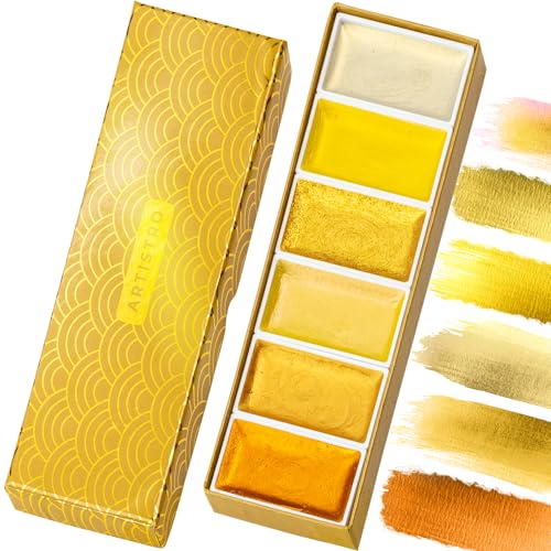 ARTISTRO Metallic Watercolor Paint Set - 6 Gold Colors, XL Pans, ASTM-I Lightfastness for Artists