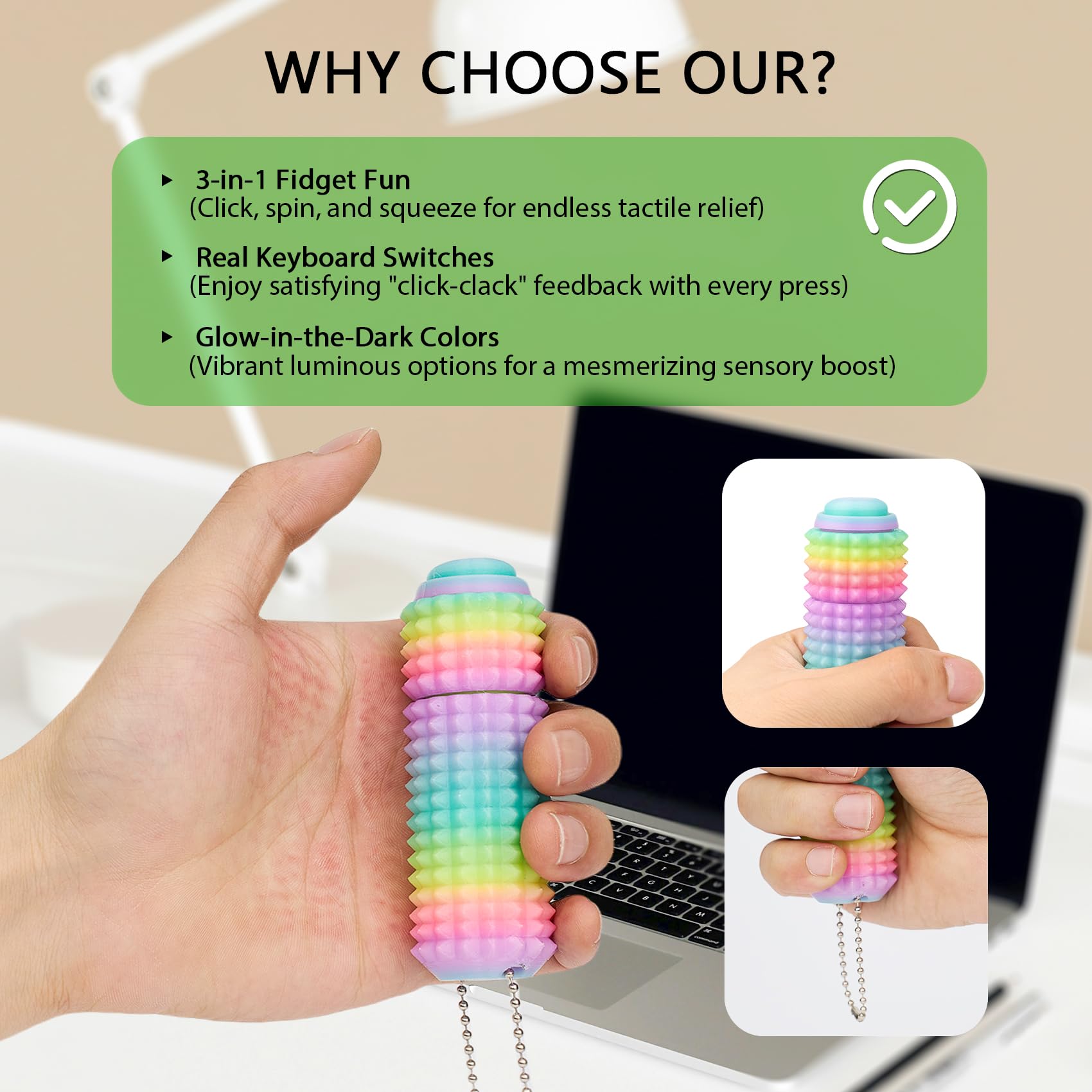 ASCAVS Little Ouchies Pro Fidget Toy - 3-in-1 Click Spinner Pain Stim with Keychain, Glow in the Dark