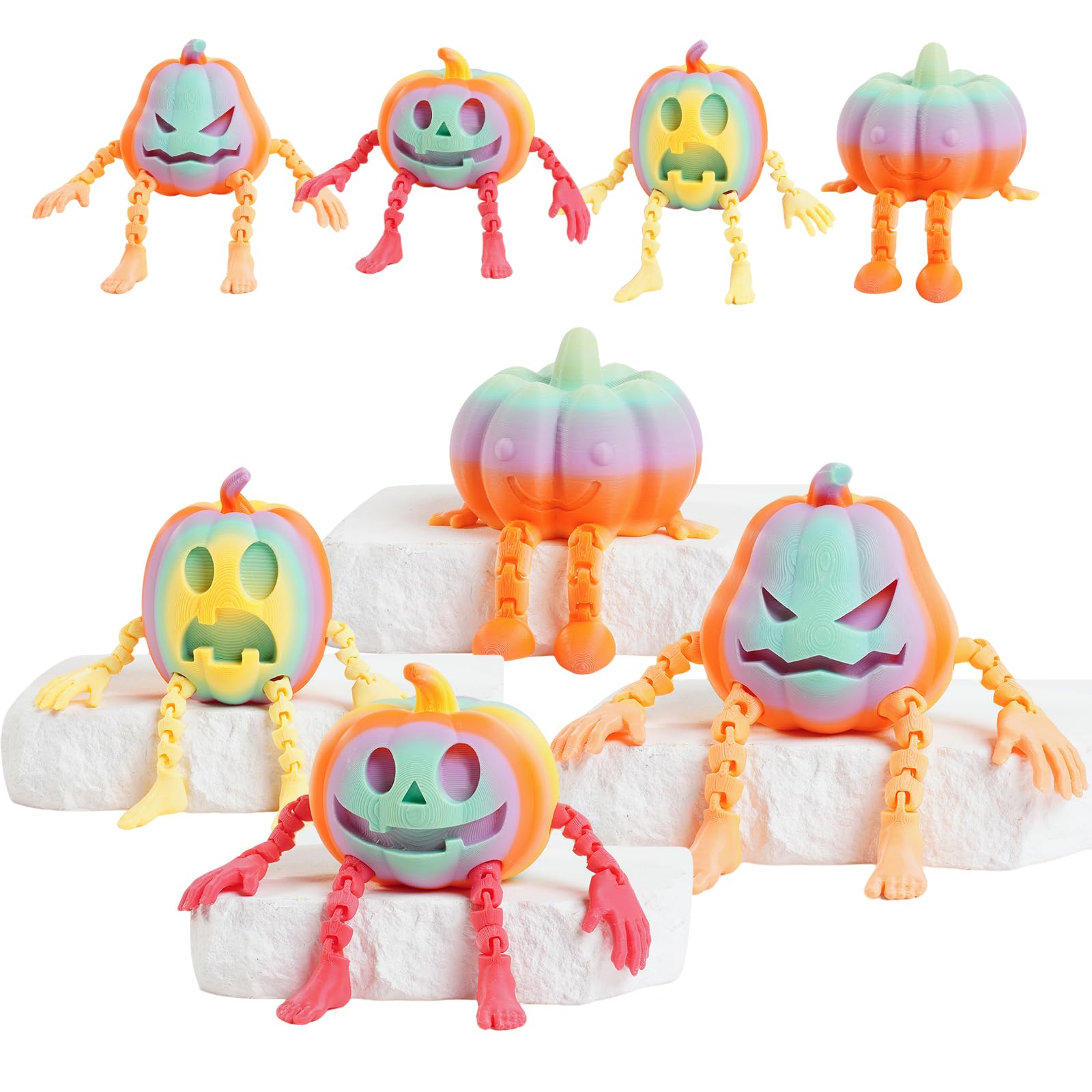 ASDTGOE 3D Printed Halloween Pumpkin Articulated Fidget Toy Set – 4 Multi-Color Movable Decorations