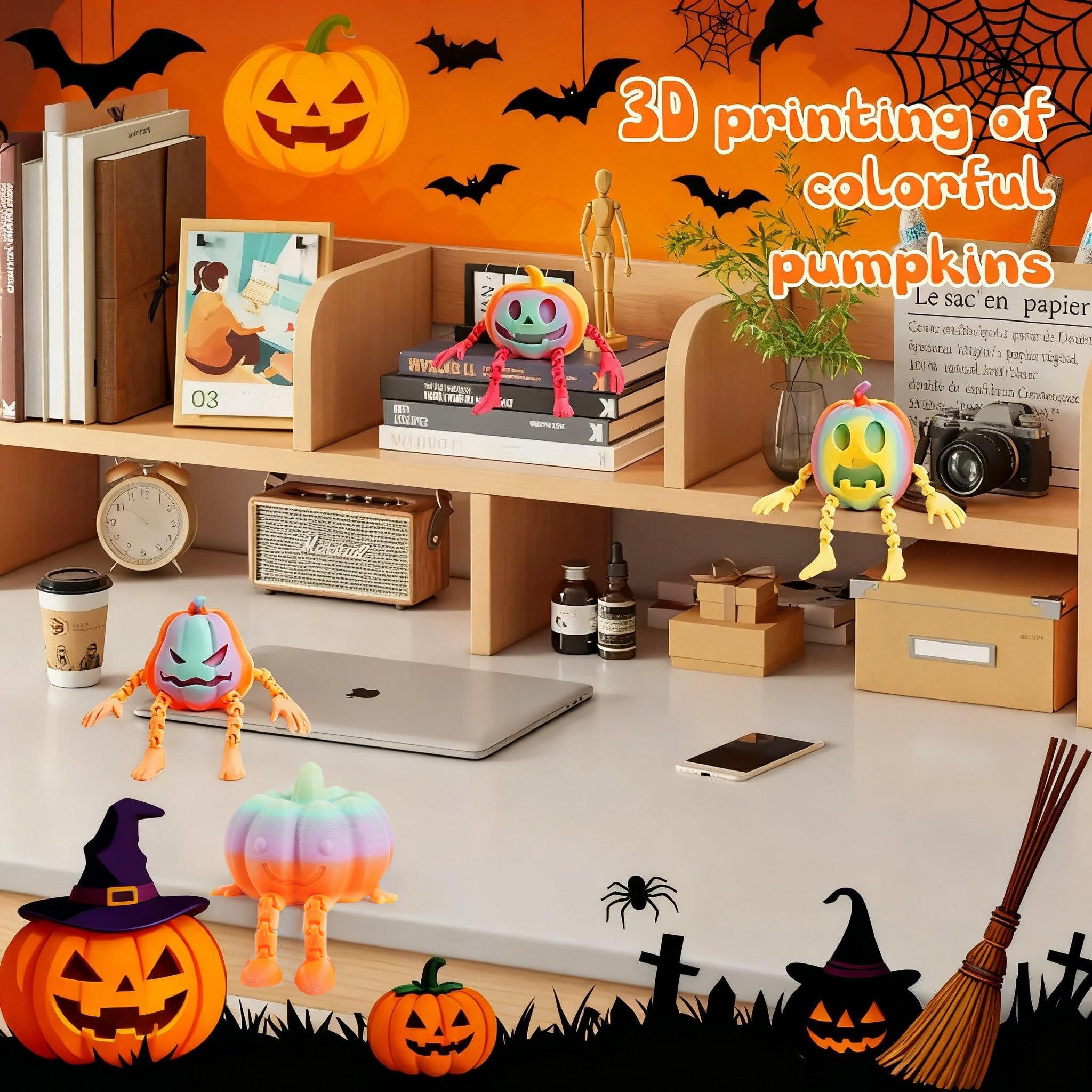 ASDTGOE 3D Printed Halloween Pumpkin Articulated Fidget Toy Set – 4 Multi-Color Movable Decorations