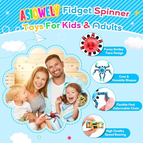 ASIOWELY 4-Pack Transformable Fidget Spinner Toys – 360° Rotating Finger Gyros with 6 Chains and 3 Expressions for Stress Relief