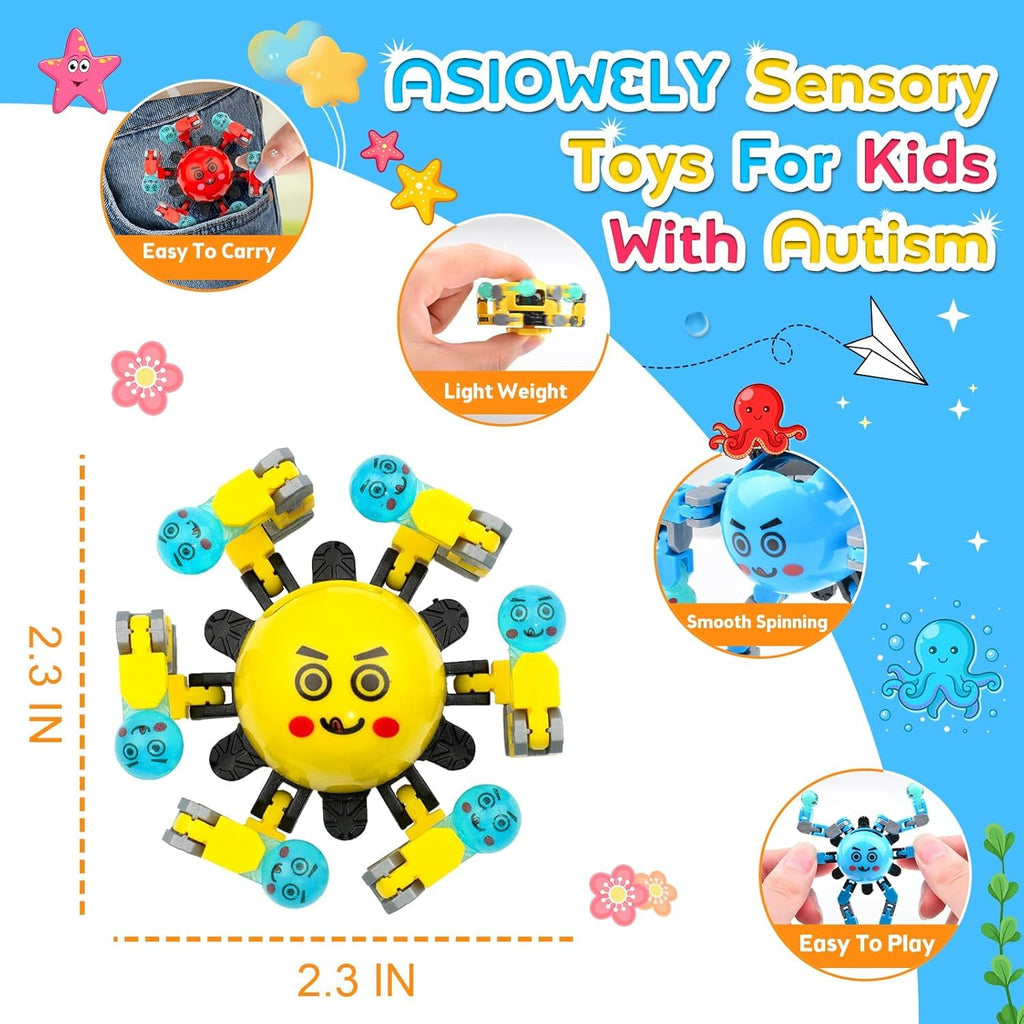 ASIOWELY 4-Pack Transformable Fidget Spinner Toys – 360° Rotating Finger Gyros with 6 Chains and 3 Expressions for Stress Relief