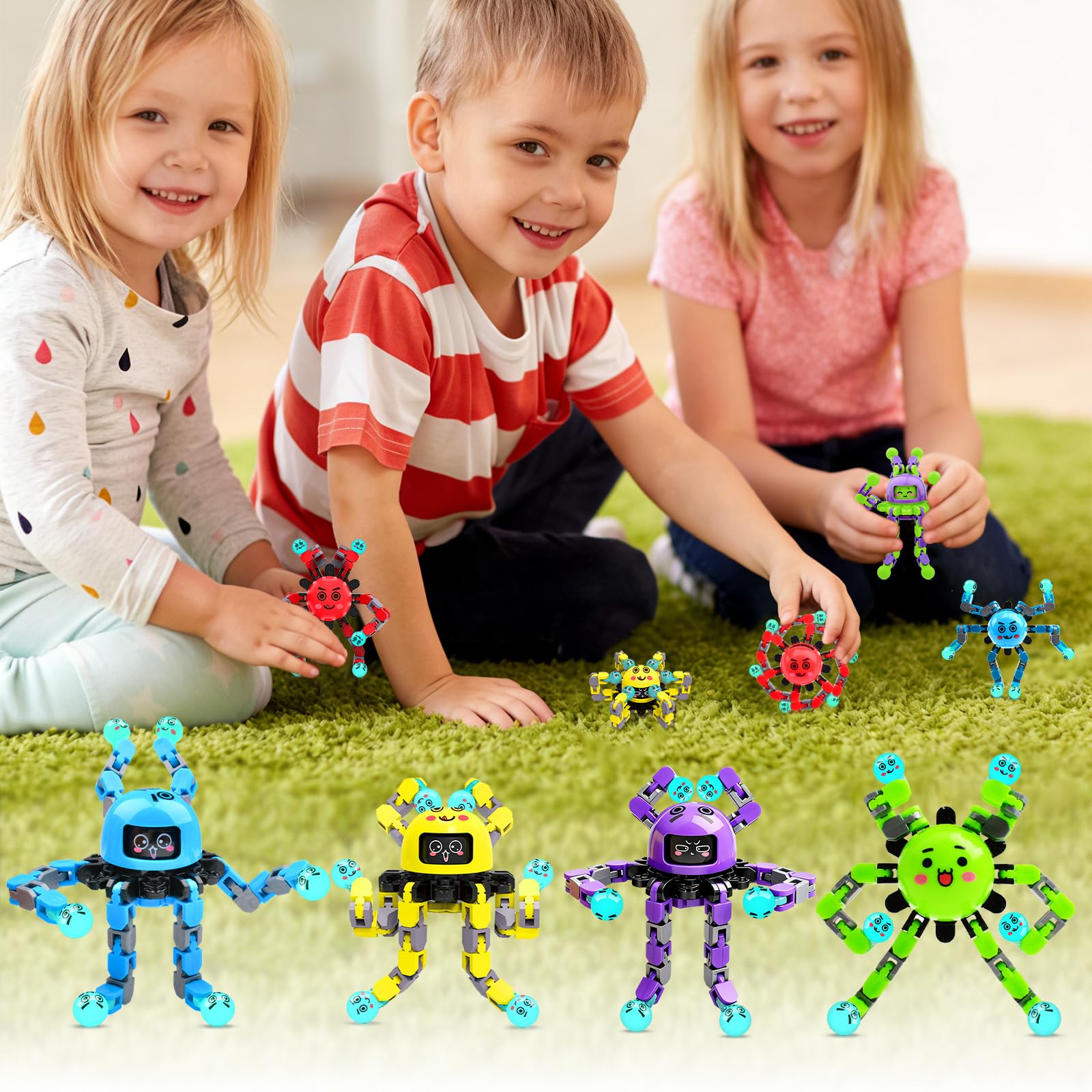 ASIOWELY 4-Pack Transformable Fidget Spinner Toys – 360° Rotating Finger Gyros with 6 Chains and 3 Expressions for Stress Relief