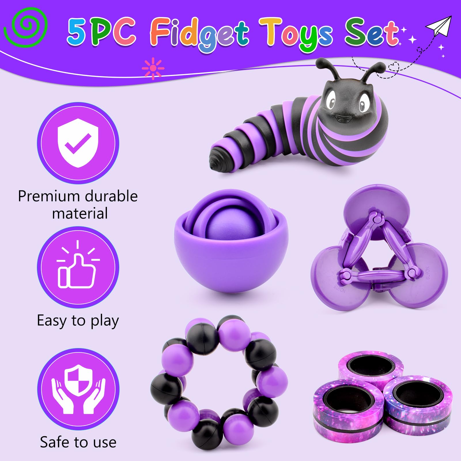 ASIOWELY Fidget Toys Pack - 5 Piece Sensory Set for Stress Relief (Gyro, Slug, Magnetic Rings, Spinner, Ball)
