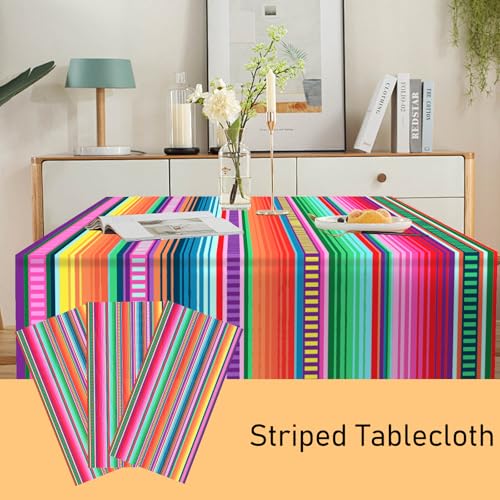 ASLERMURE 3 Pack Mexican Serape Tablecloths 54x108 Inches Disposable Plastic Striped Party Table Cover for Cinco de Mayo, Birthday, Weddings