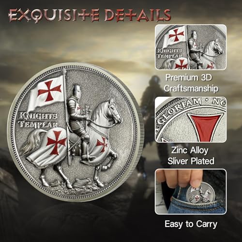 ASmileIndeep Knights Templar Challenge Coin – 3D Silver-Plated Christian Religious Medallion