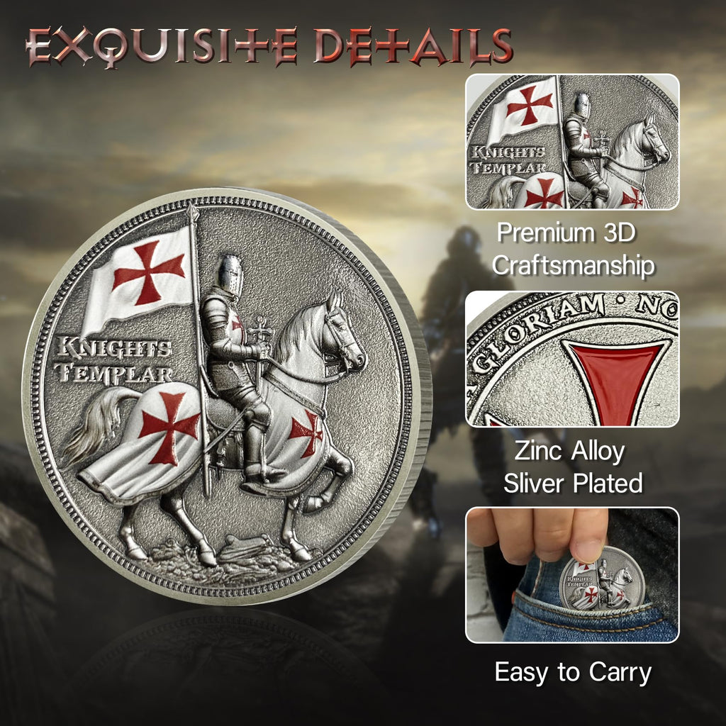 ASmileIndeep Knights Templar Challenge Coin – 3D Silver-Plated Christian Religious Medallion