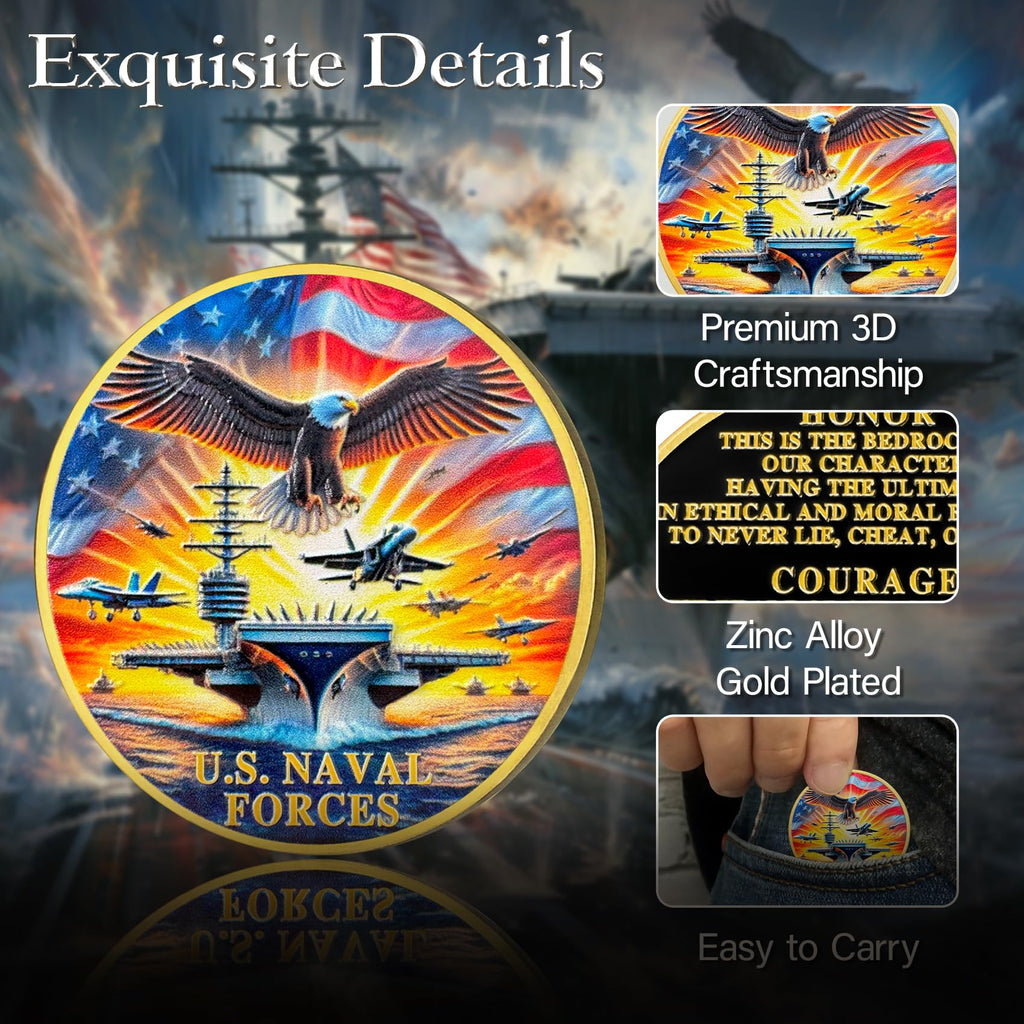 ASmileIndeep U.S. Naval Forces Challenge Coin – 40mm Zinc Alloy Navy Coin with Aircraft Carrier & Eagle
