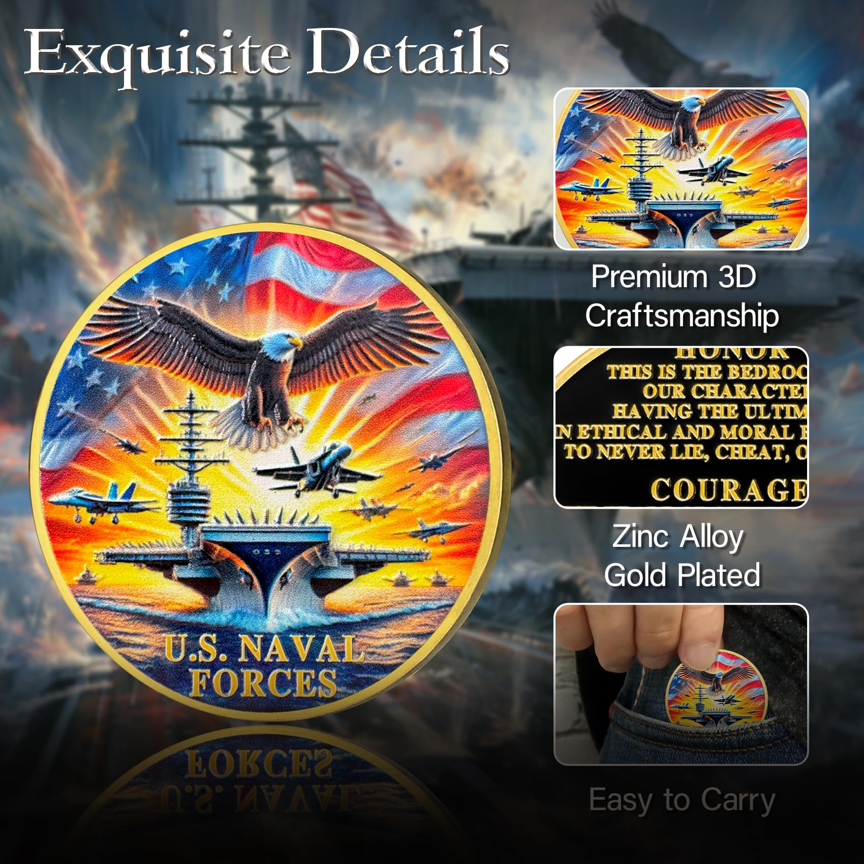 ASmileIndeep U.S. Naval Forces Challenge Coin – 40mm Zinc Alloy Navy Coin with Aircraft Carrier & Eagle