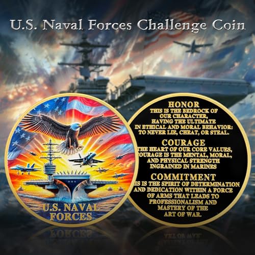 ASmileIndeep U.S. Naval Forces Challenge Coin – 40mm Zinc Alloy Navy Coin with Aircraft Carrier & Eagle