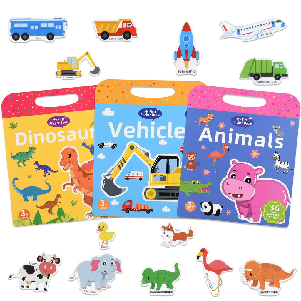 ASTARON 3-Pack Reusable Puffy Sticker Books for Kids Ages 3-6 – Dino, Car & Animal Themes – Portable Travel Toy & Busy Book