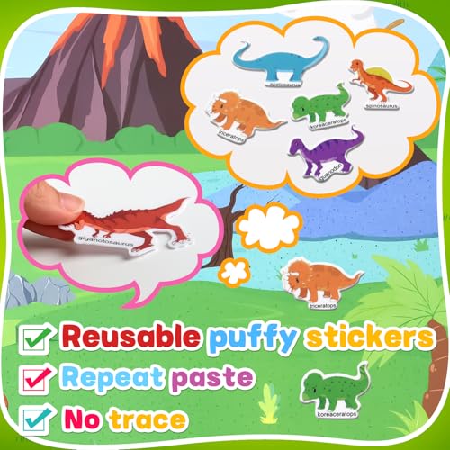 ASTARON 3-Pack Reusable Puffy Sticker Books for Kids Ages 3-6 – Dino, Car & Animal Themes – Portable Travel Toy & Busy Book