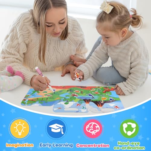 ASTARON 3-Pack Reusable Puffy Sticker Books for Kids Ages 3-6 – Dino, Car & Animal Themes – Portable Travel Toy & Busy Book