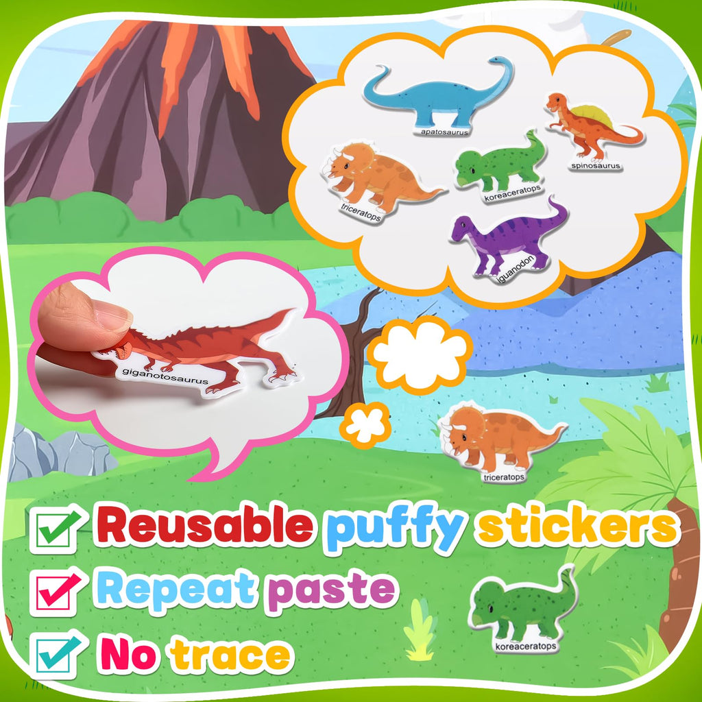 ASTARON 3-Pack Reusable Puffy Sticker Books for Kids Ages 3-6 – Dino, Car & Animal Themes – Portable Travel Toy & Busy Book