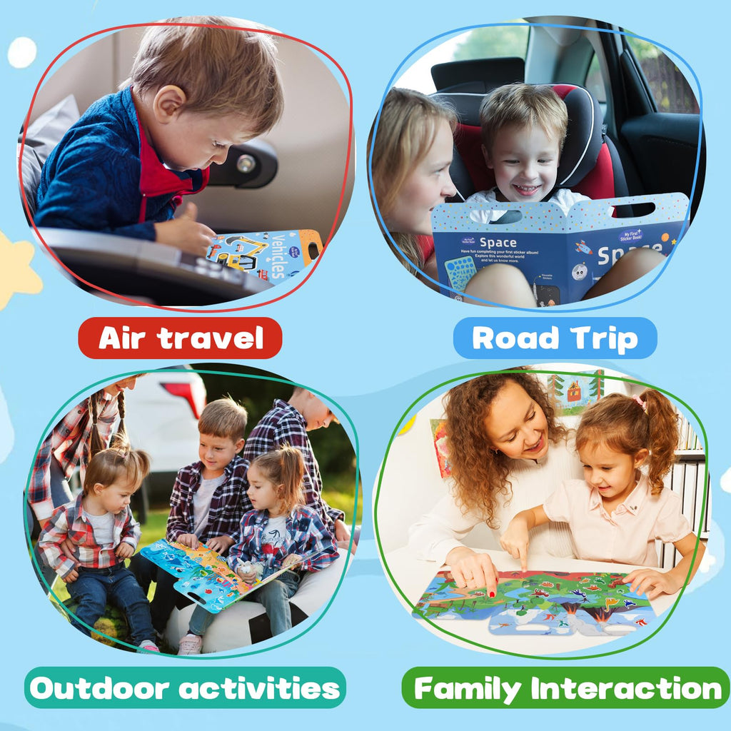 ASTARON 3-Pack Reusable Puffy Sticker Books for Kids Ages 3-6 – Dino, Car & Animal Themes – Portable Travel Toy & Busy Book