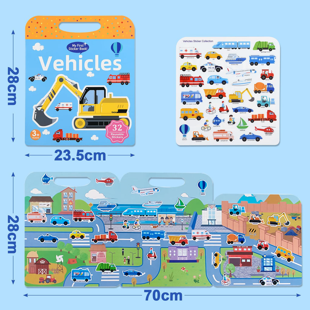ASTARON 3-Pack Reusable Puffy Sticker Books for Kids Ages 3-6 – Dino, Car & Animal Themes – Portable Travel Toy & Busy Book