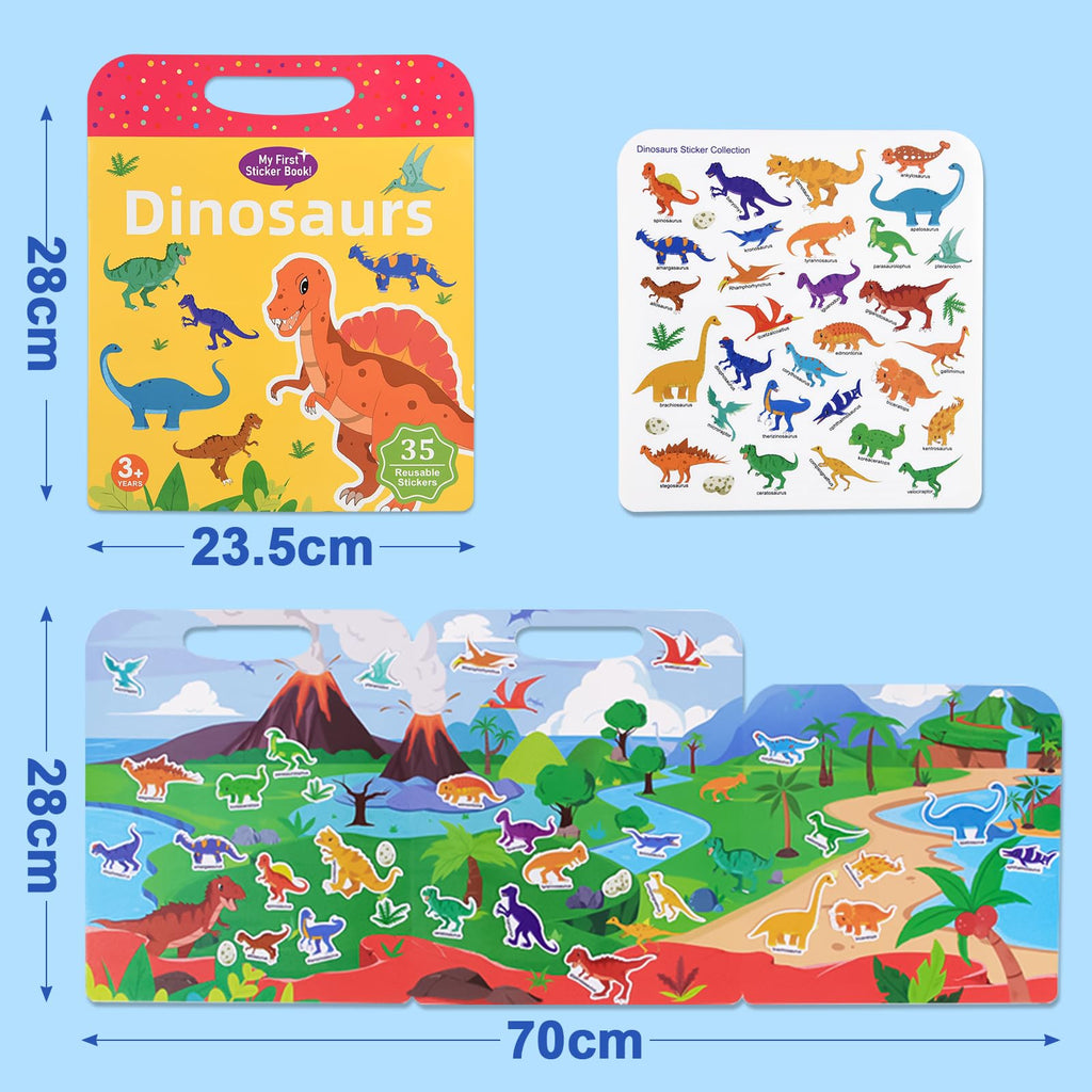 ASTARON 3-Pack Reusable Puffy Sticker Books for Kids Ages 3-6 – Dino, Car & Animal Themes – Portable Travel Toy & Busy Book