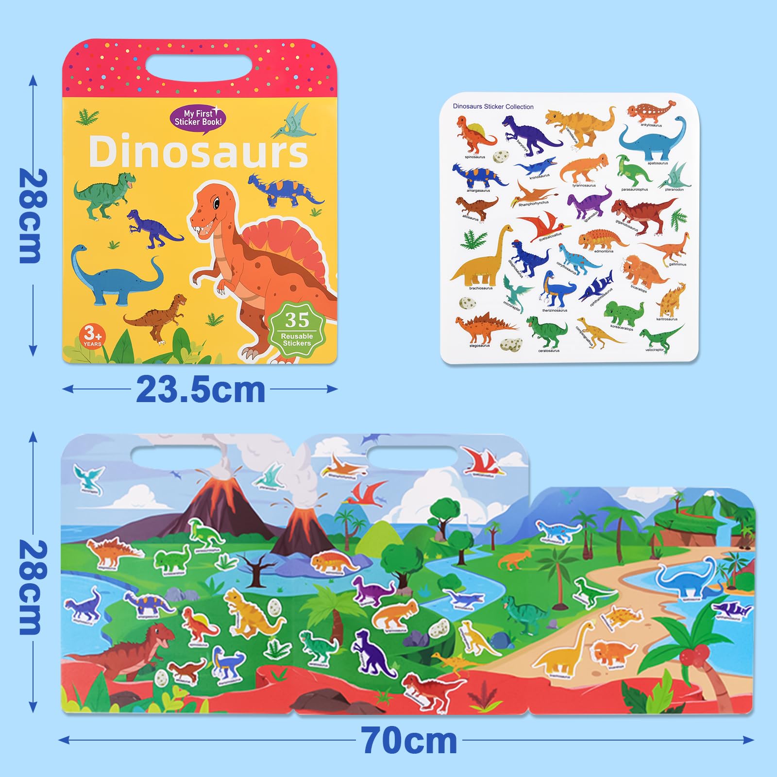 ASTARON 3-Pack Reusable Puffy Sticker Books for Kids Ages 3-6 – Dino, Car & Animal Themes – Portable Travel Toy & Busy Book