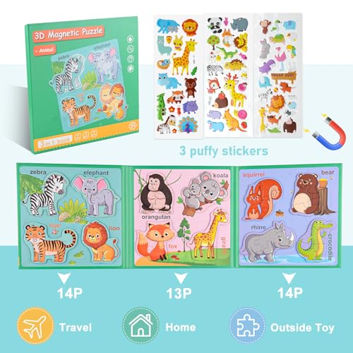 ASTARON 3D Magnetic Animal Puzzle Book – 41 Pieces with 60 Puffy Stickers for Toddlers, Travel-Friendly Learning Toy