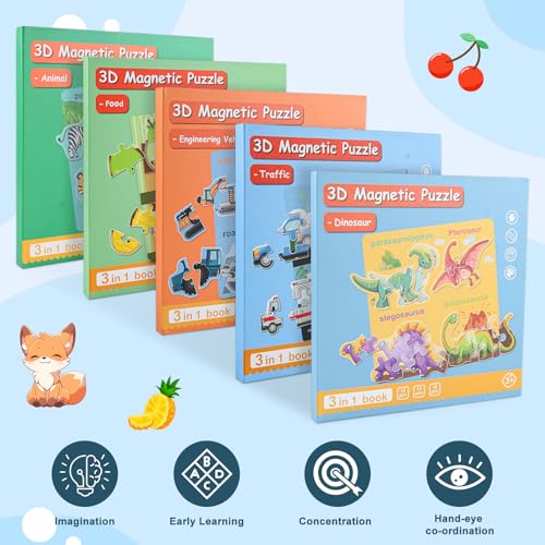 ASTARON 3D Magnetic Animal Puzzle Book – 41 Pieces with 60 Puffy Stickers for Toddlers, Travel-Friendly Learning Toy