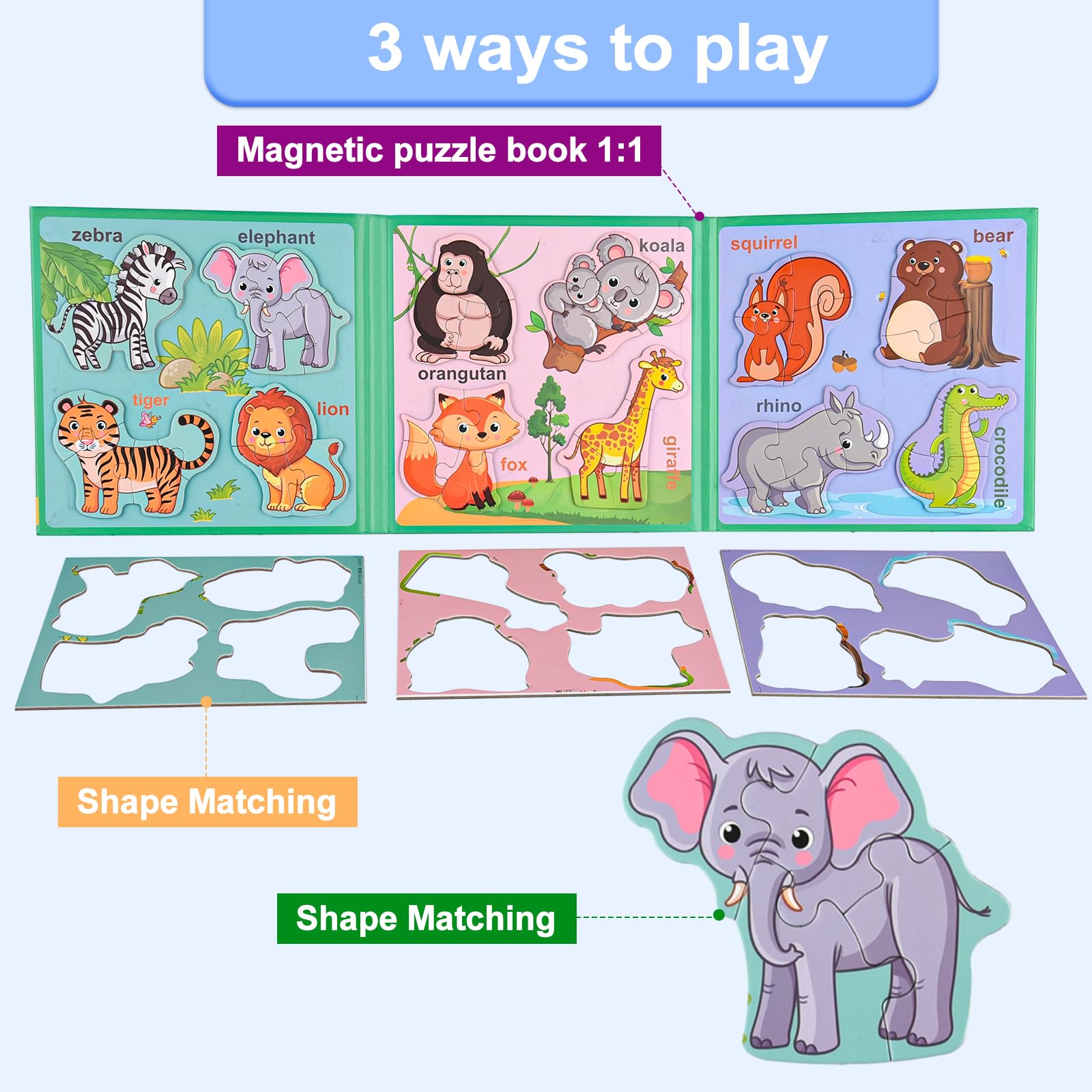 ASTARON 3D Magnetic Animal Puzzle Book – 41 Pieces with 60 Puffy Stickers for Toddlers, Travel-Friendly Learning Toy