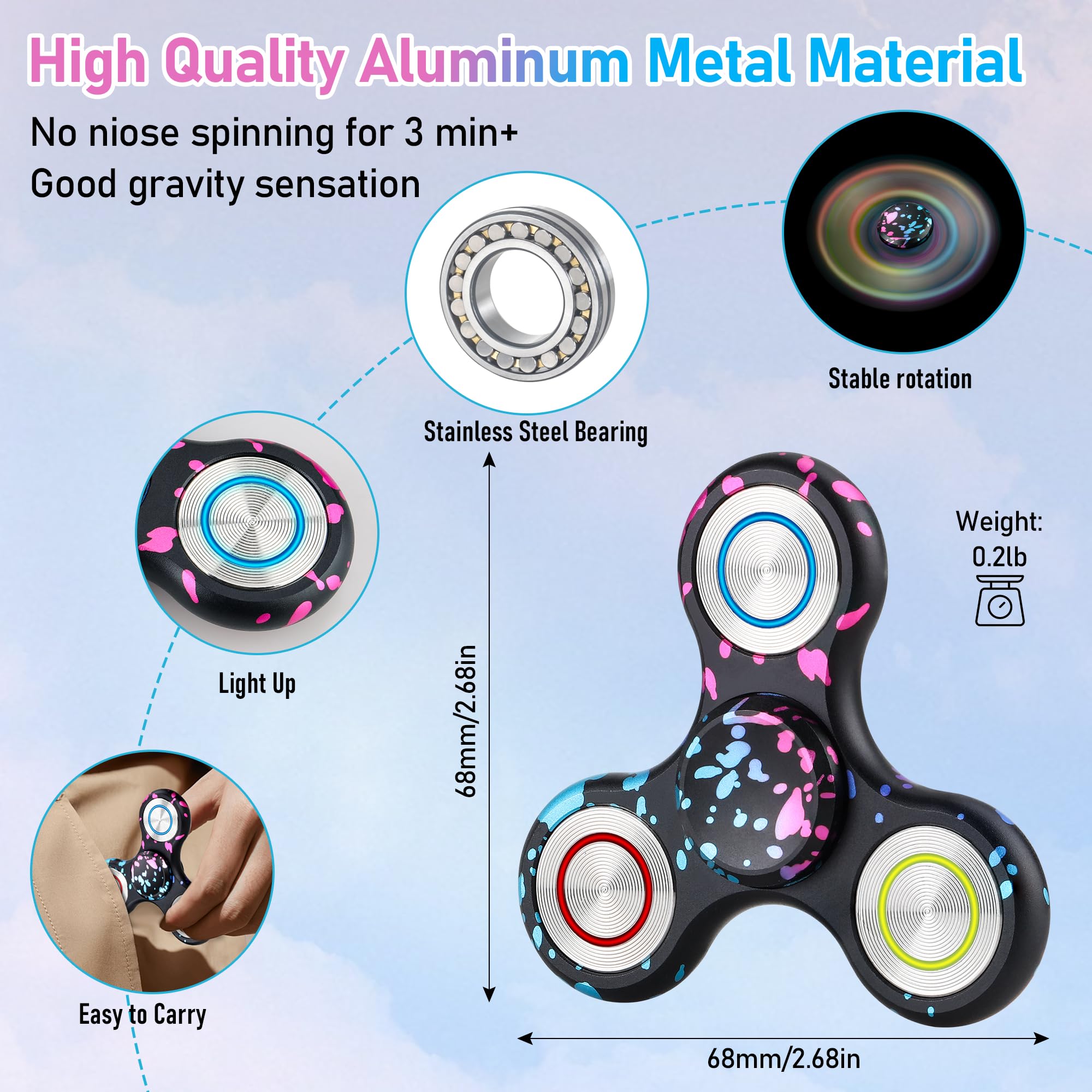 ATESSON Metal Fidget Spinner with LED Lights – Glow in the Dark, R188 Bearing, for Adults & Kids