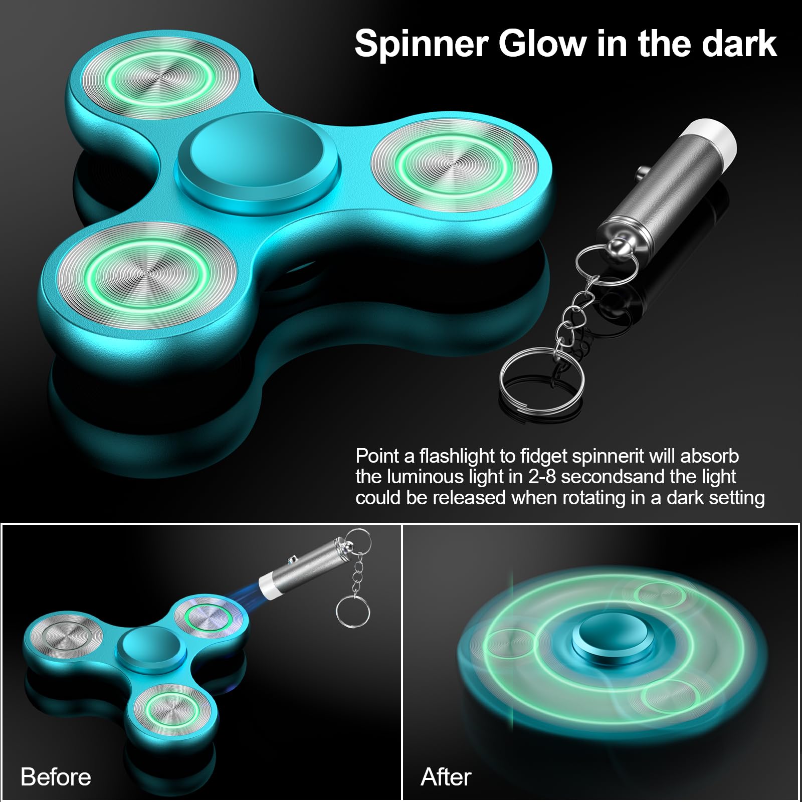 ATESSON Metal Glow in the Dark Fidget Spinner - Blue, Stainless Steel Bearing, Silent