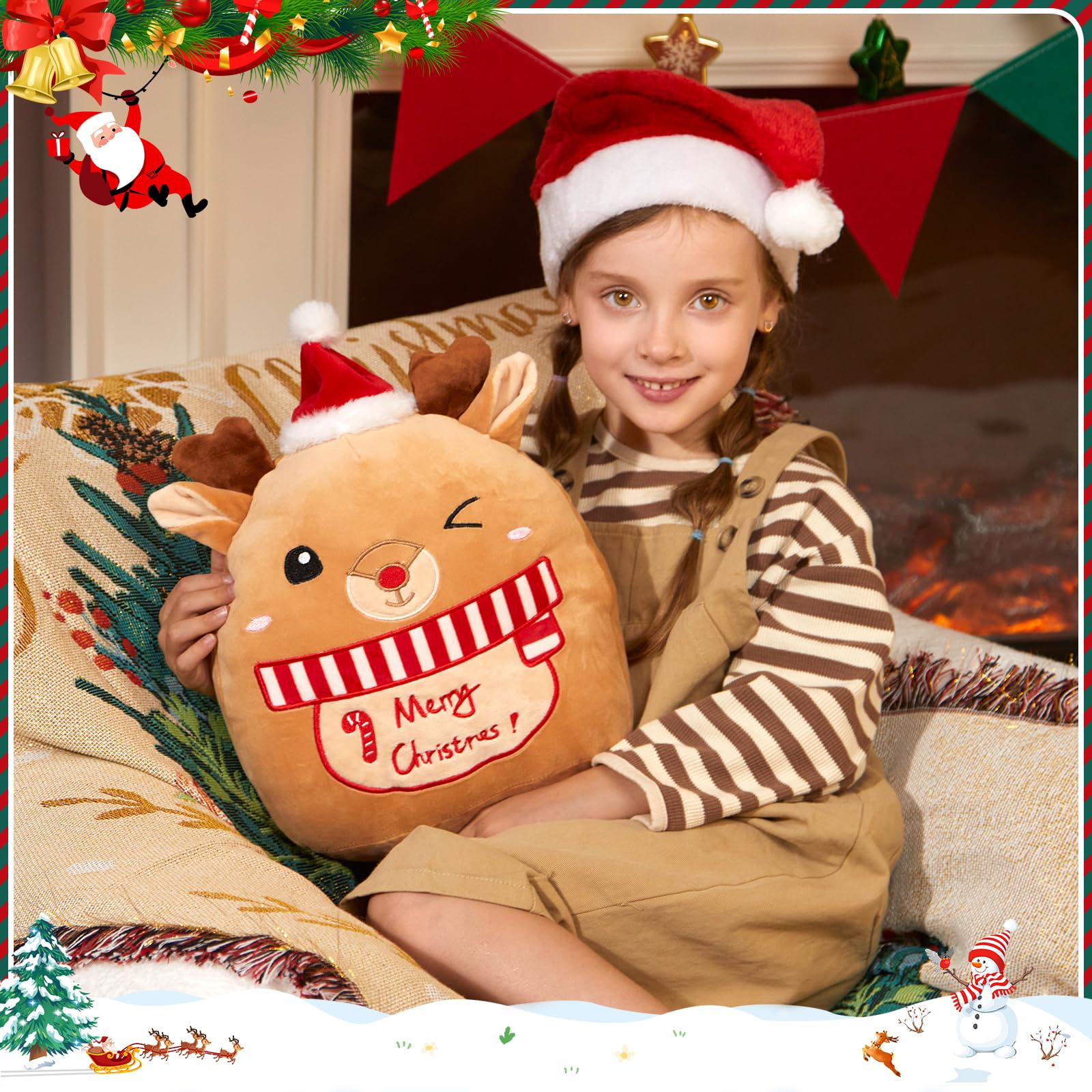 Athoinsu 14-Inch Christmas Elk Plush Pillow with Santa Hat – Soft Reindeer Throw for Holiday Decor