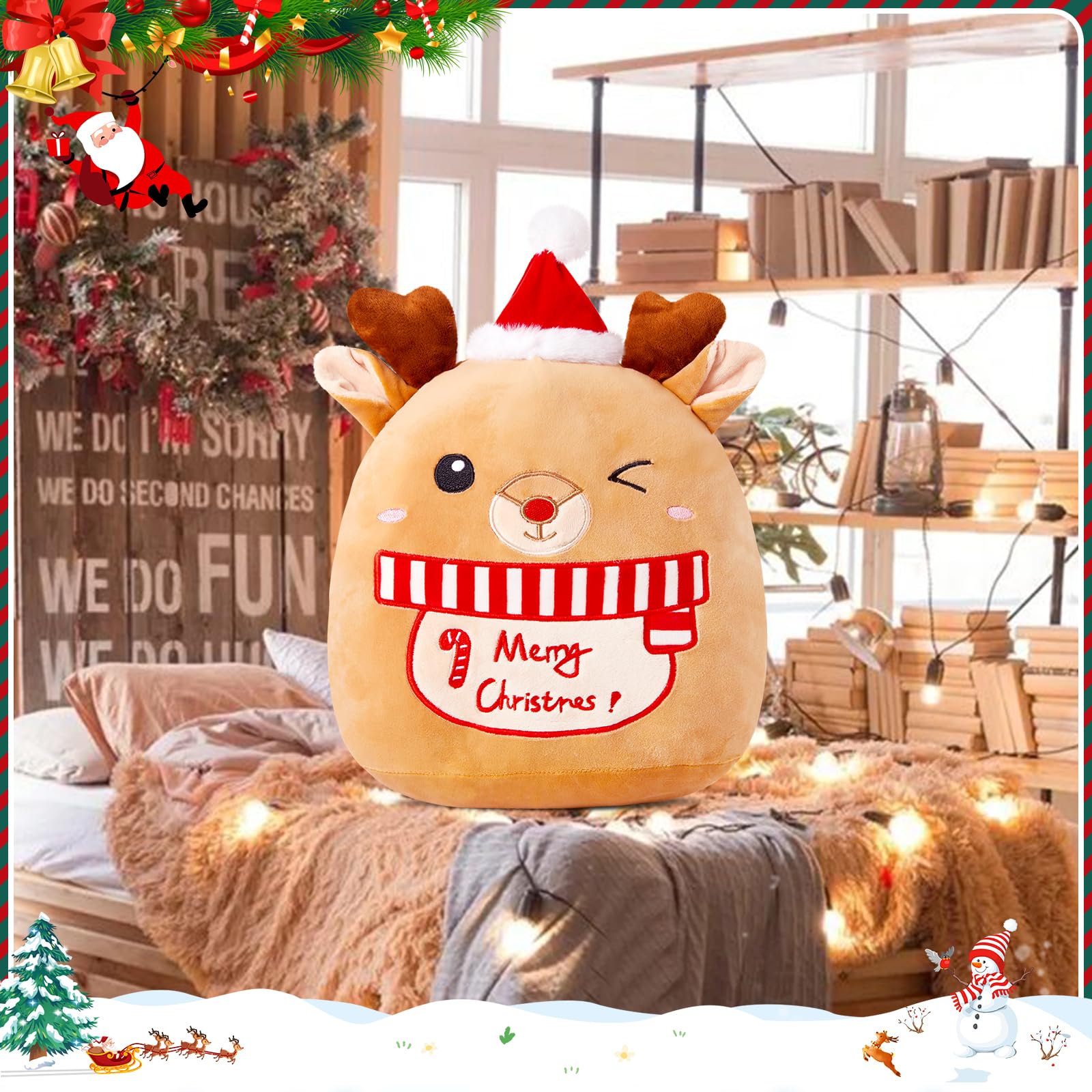 Athoinsu 14-Inch Christmas Elk Plush Pillow with Santa Hat – Soft Reindeer Throw for Holiday Decor