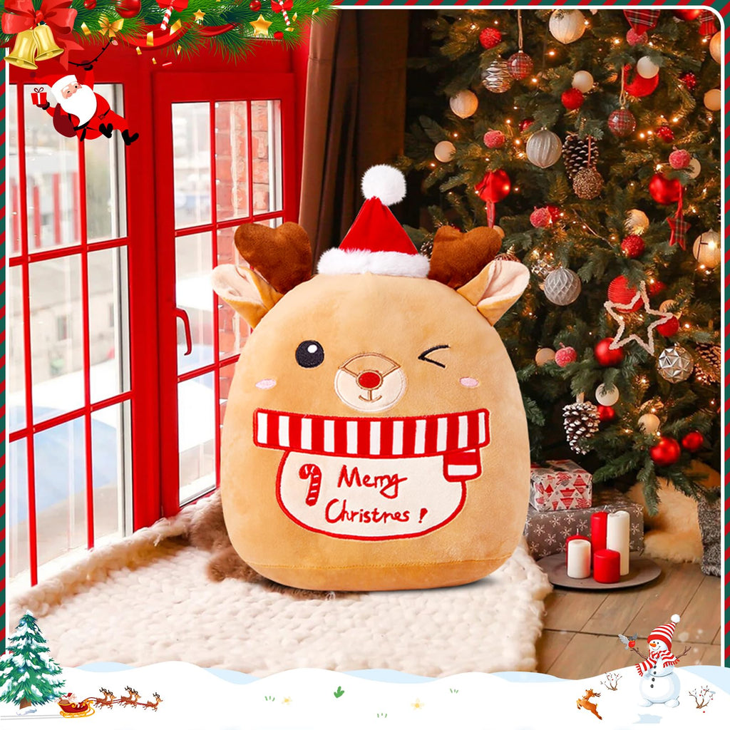 Athoinsu 14-Inch Christmas Elk Plush Pillow with Santa Hat – Soft Reindeer Throw for Holiday Decor