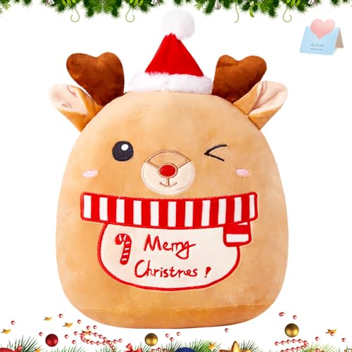 Athoinsu 14-Inch Christmas Elk Plush Pillow with Santa Hat – Soft Reindeer Throw for Holiday Decor