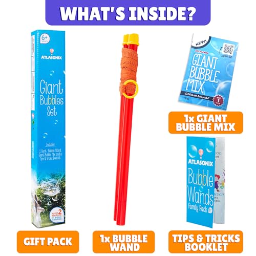 Atlasonix Giant Bubble Wand Set – Makes 1 Gallon of Bubble Solution, Non-Toxic, Outdoor Fun for Kids
