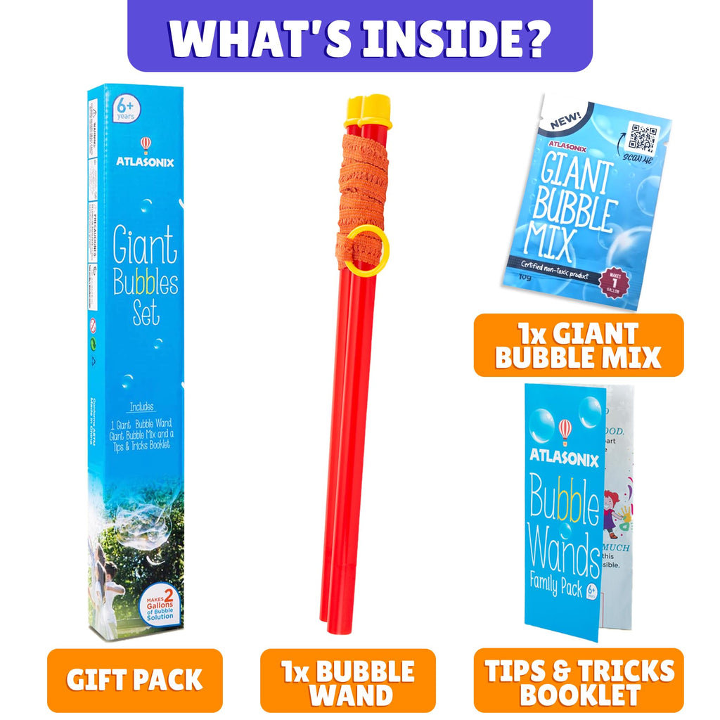 Atlasonix Giant Bubble Wand Set – Makes 1 Gallon of Bubble Solution, Non-Toxic, Outdoor Fun for Kids