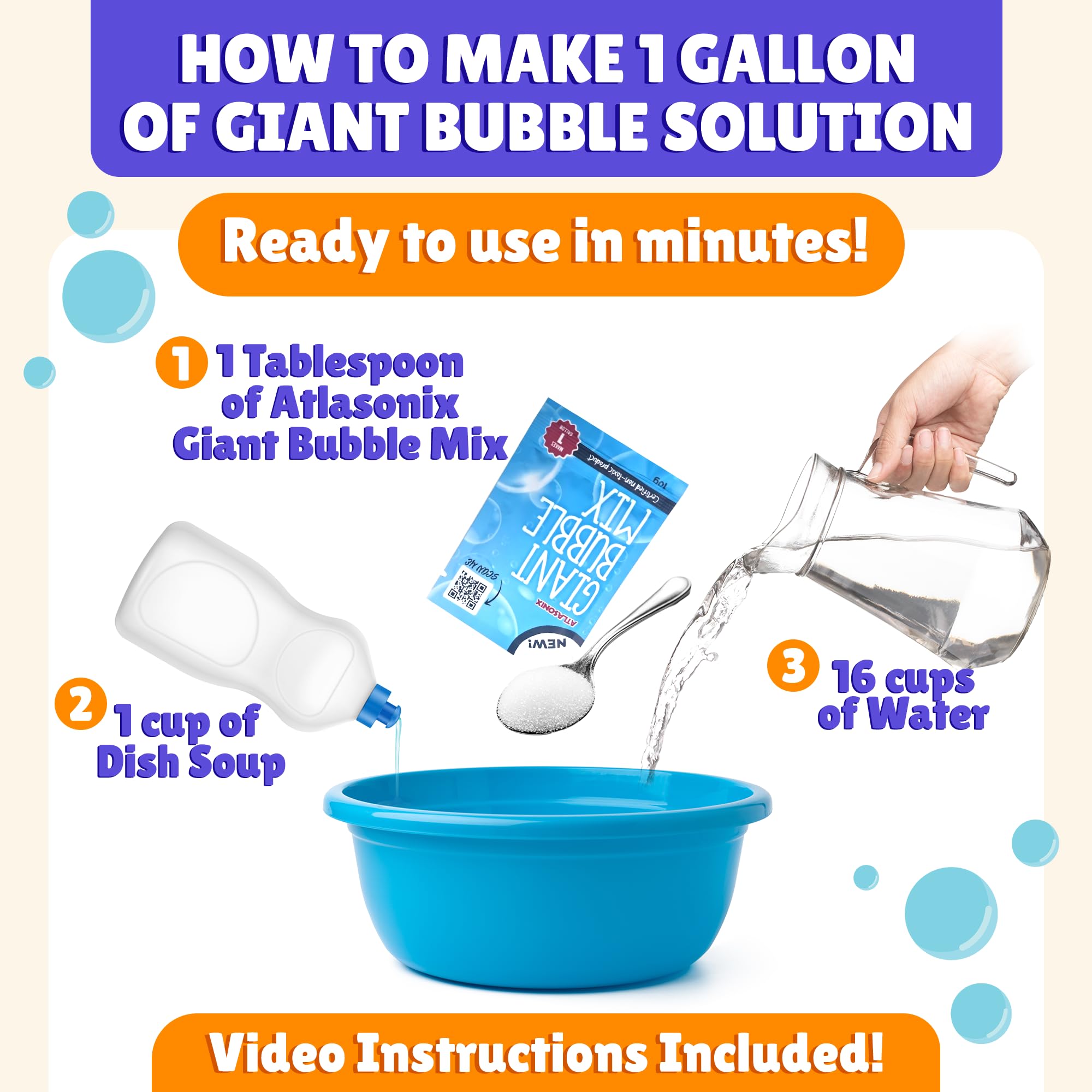 Atlasonix Giant Bubble Wand Set – Makes 1 Gallon of Bubble Solution, Non-Toxic, Outdoor Fun for Kids