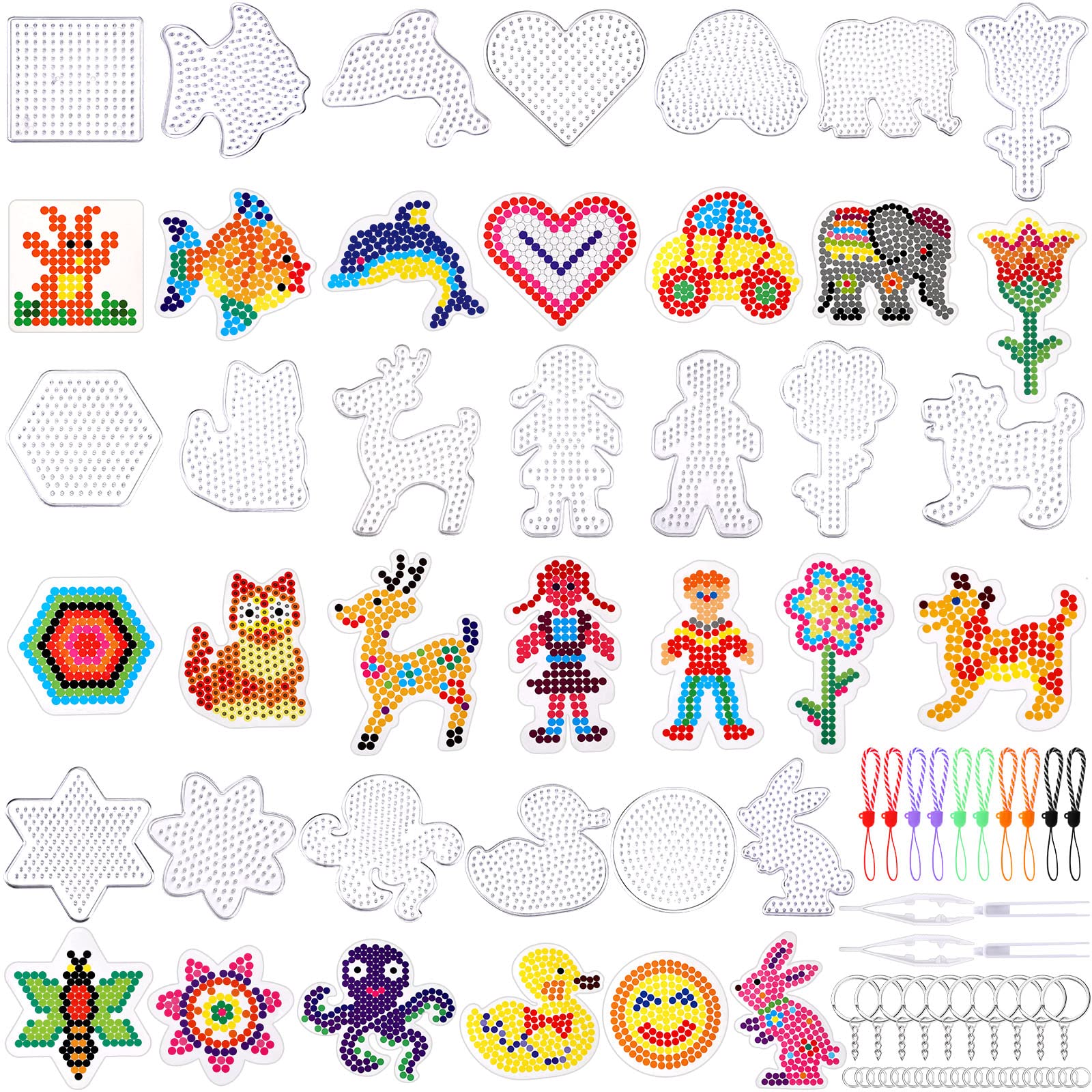 AUGSUN 20-Pack Clear Plastic Fuse Bead Pegboards – Animal Shapes with Cards, Keychains, and Tweezers for Kids DIY Crafts