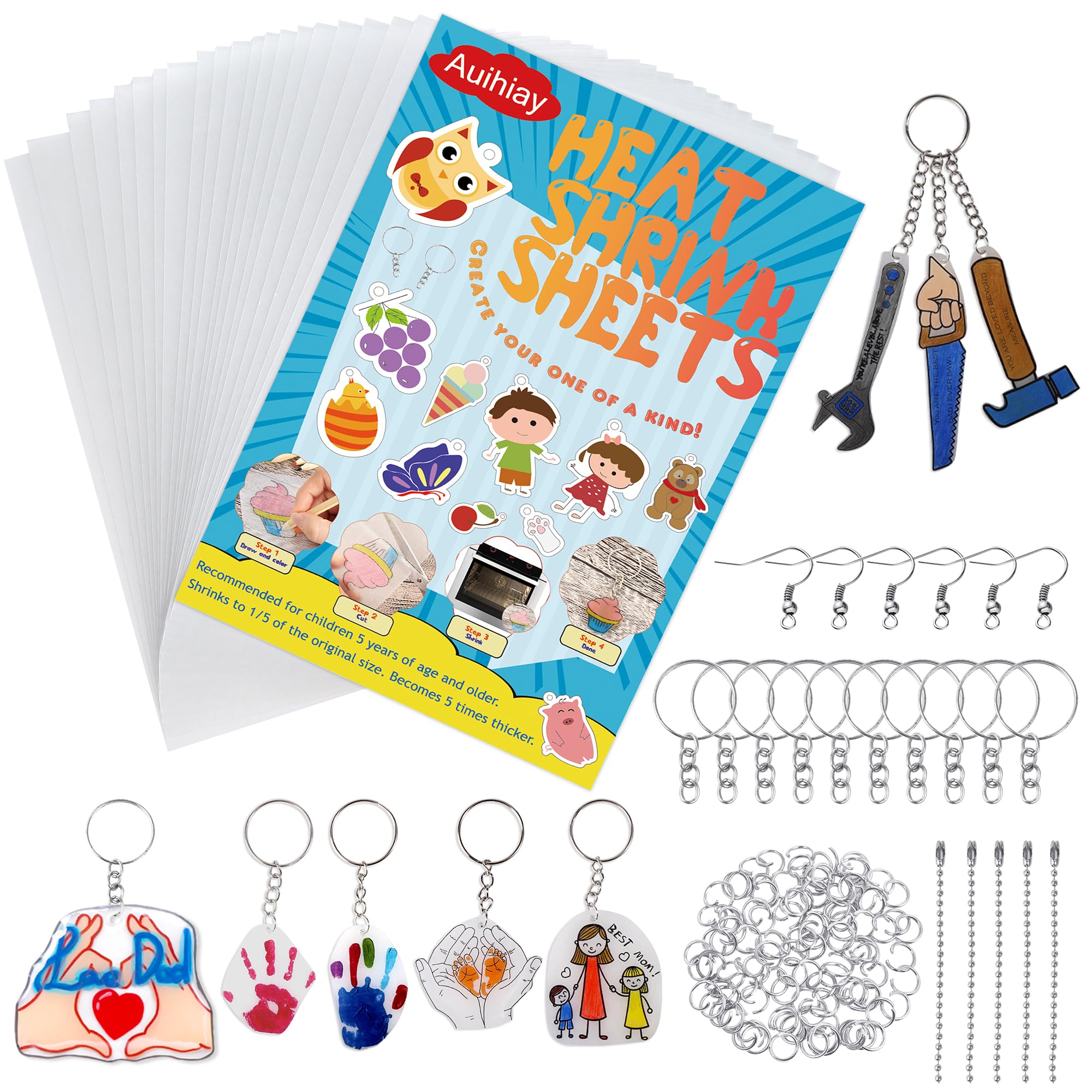 Auihiay 145-Piece Shrink Plastic Sheet Kit with Keychain Accessories for DIY Crafts and Mother's Day Ornaments