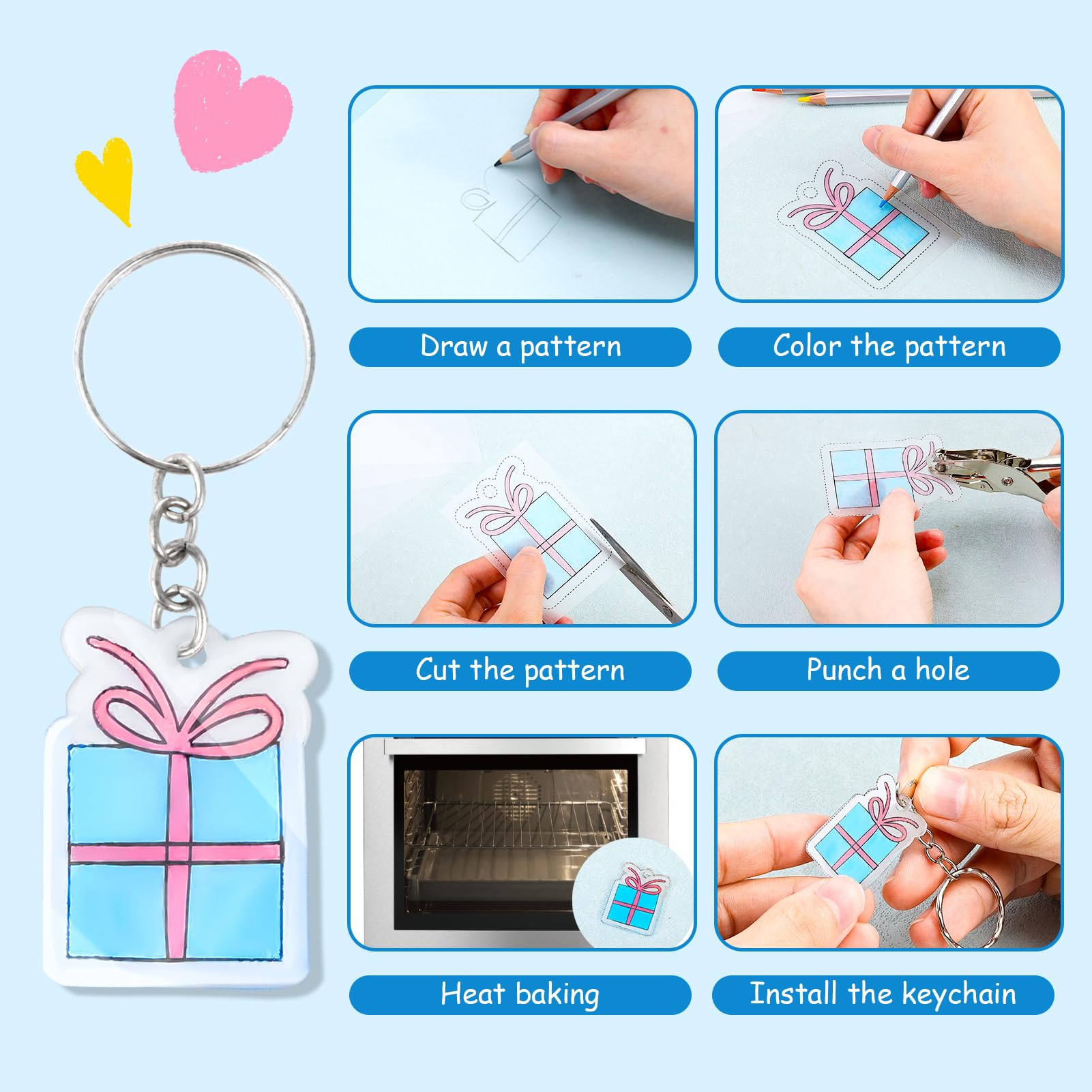 Auihiay 30-Piece Shrink Plastic Sheets Kit with Keychains and Jump Rings